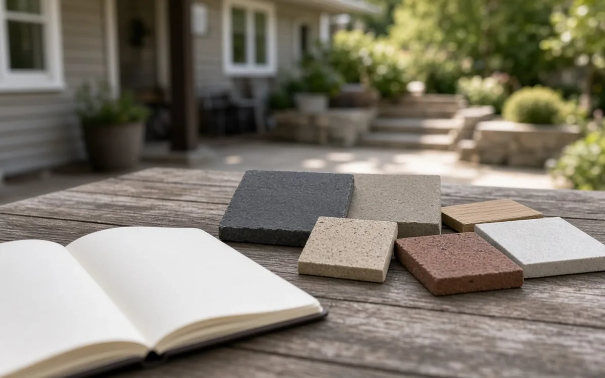 Open blank notebook beside charcoal, beige, red and white paver swatches on a weathered table near a patio