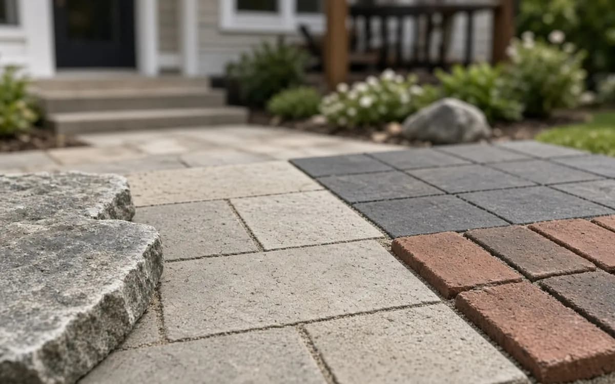 Patio section showing tan large-format pavers, charcoal pavers and red brick pavers meeting beside a granite boulder