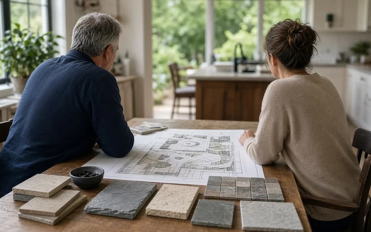 Couple studying a printed patio plan on a kitchen table surrounded by stone and paver samples