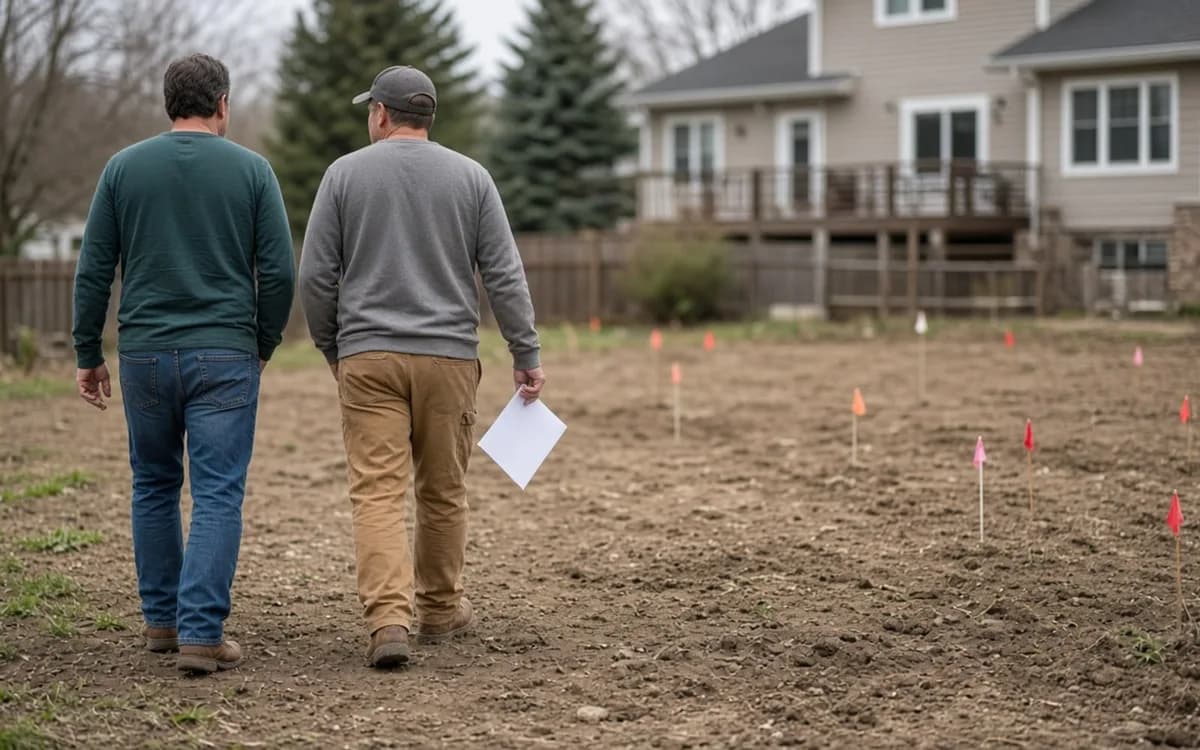 Two men walking across a bare dirt backyard marked with orange and pink survey flags toward a house with a deck
