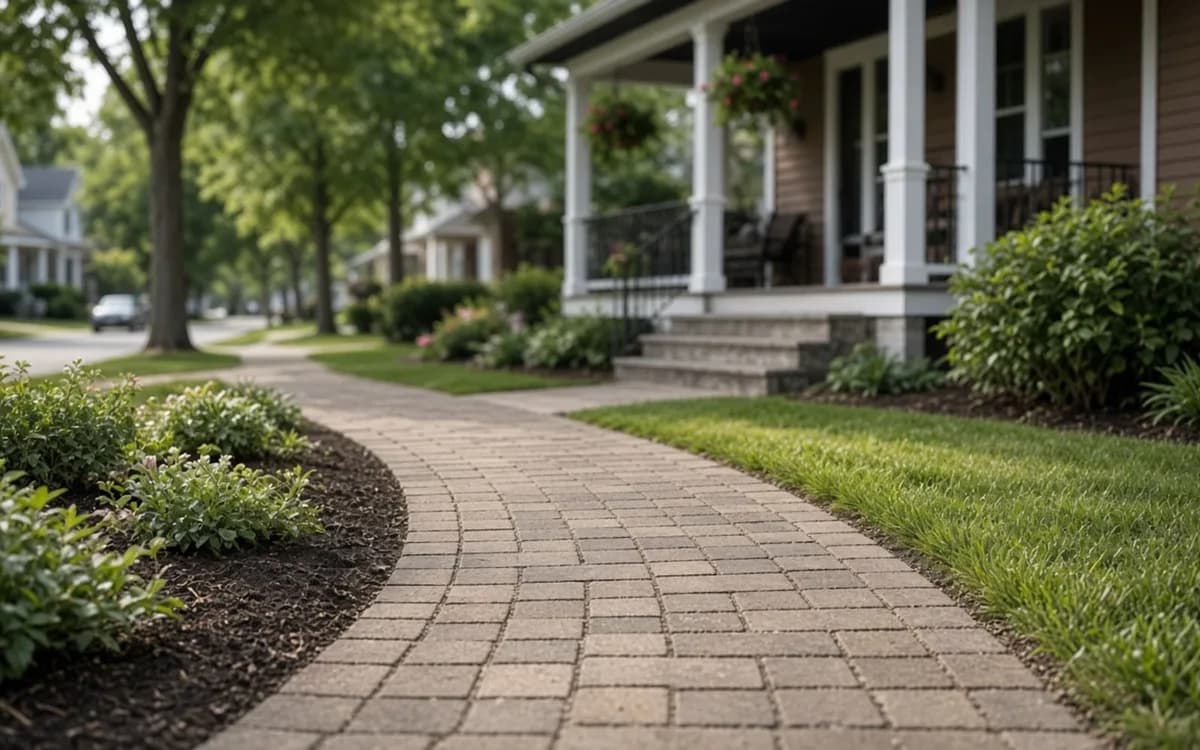 Curving tan brick-paver walkway with a running-bond pattern leading to a porch with hanging flower baskets
