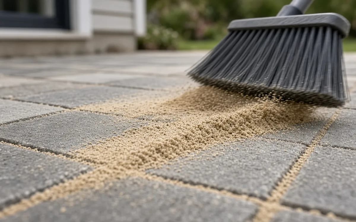 Broom sweeping tan polymeric sand in a line across the joints of large charcoal-grey pavers