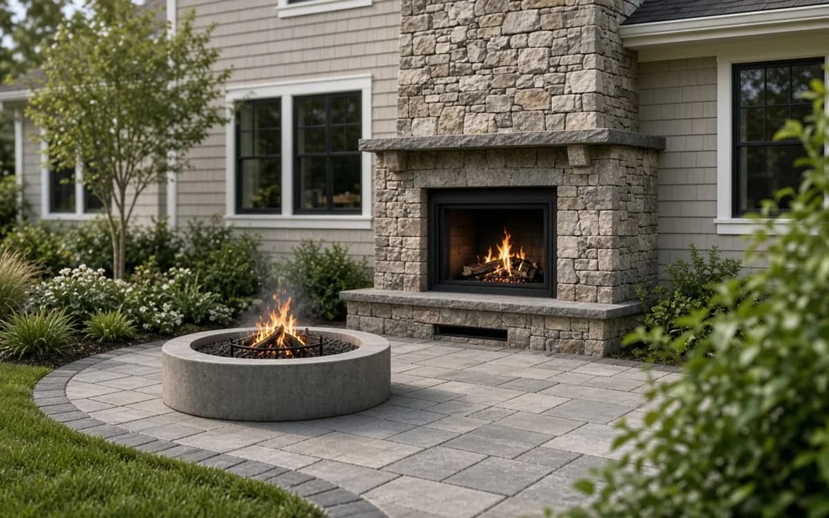 Round natural gas fire pit with a stone veneer surround in the center of a flagstone patio, four lounge chairs arranged around it at dusk