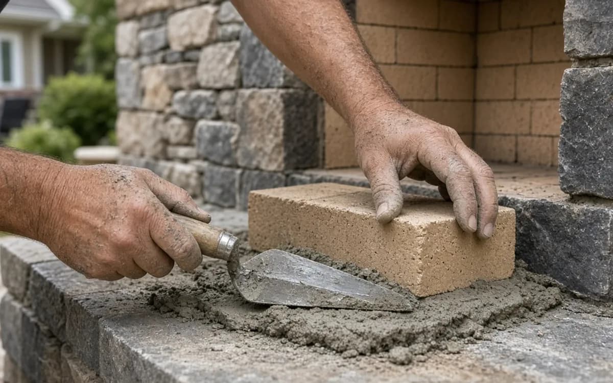 Mason setting a tan firebrick on mortar with a pointed trowel inside a stacked-stone firebox