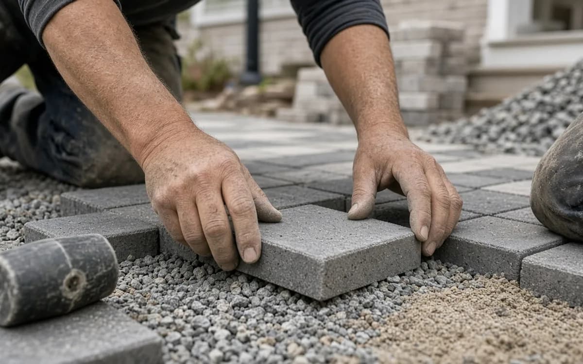 Newly installed gray concrete paver patio with a darker soldier-course border behind a suburban home, plate compactor at the edge