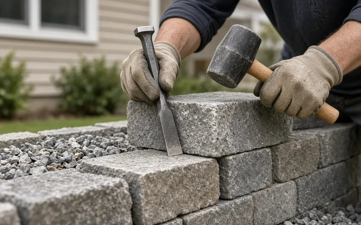 Segmental concrete block retaining wall about three feet tall terracing a sloped backyard with a level lawn above and drainage stone visible behind the top course during construction