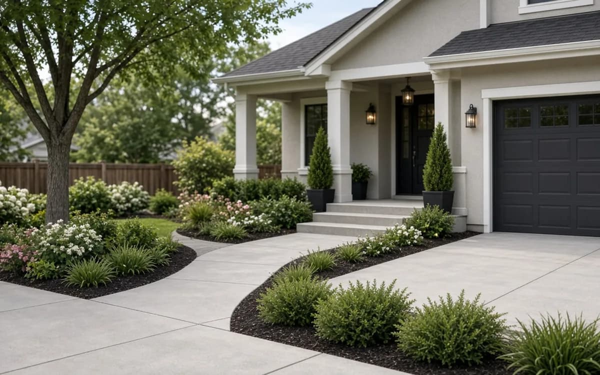 Four-foot-wide herringbone paver walkway with a charcoal border leading from a driveway to a front porch, low plantings on both sides