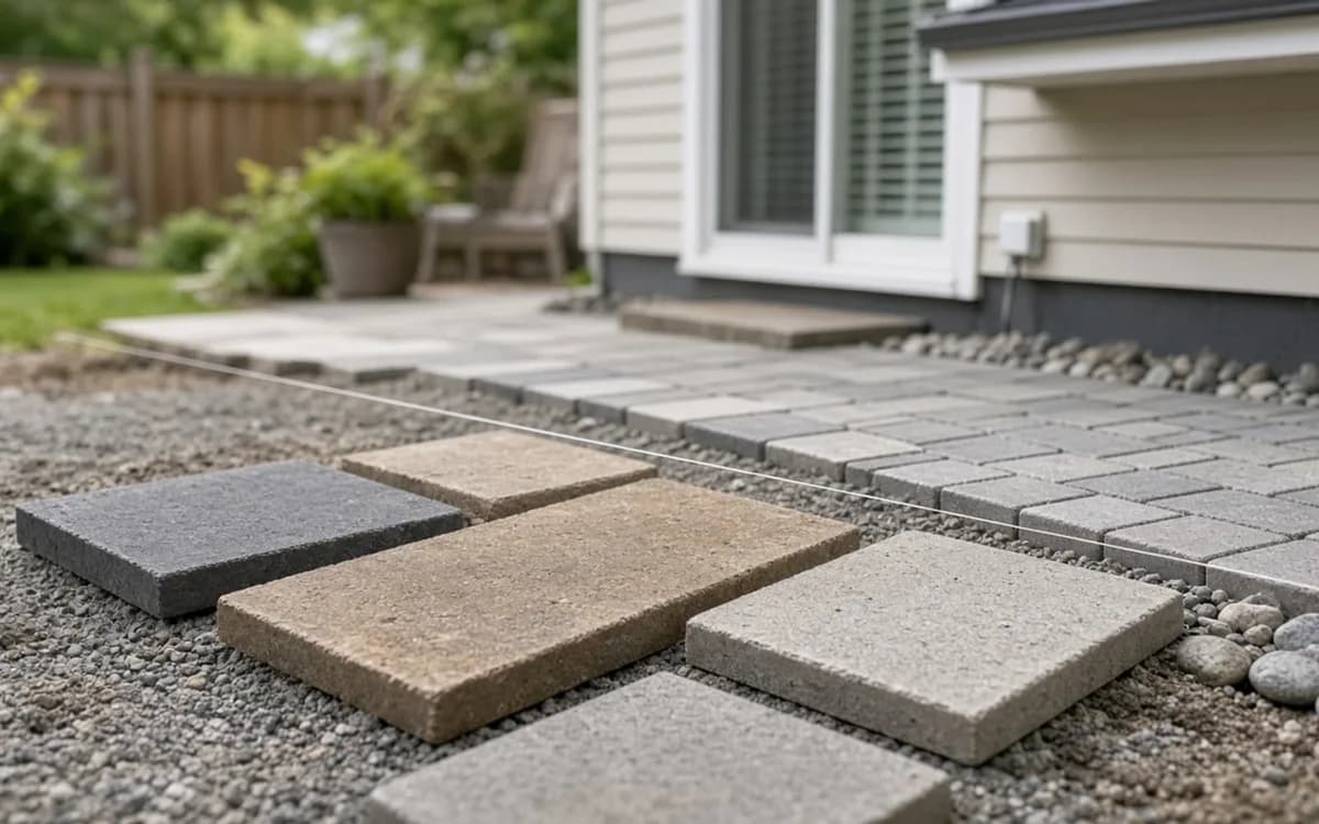 Charcoal, tan and grey paver samples laid on gravel next to a paver patio being built along a house wall