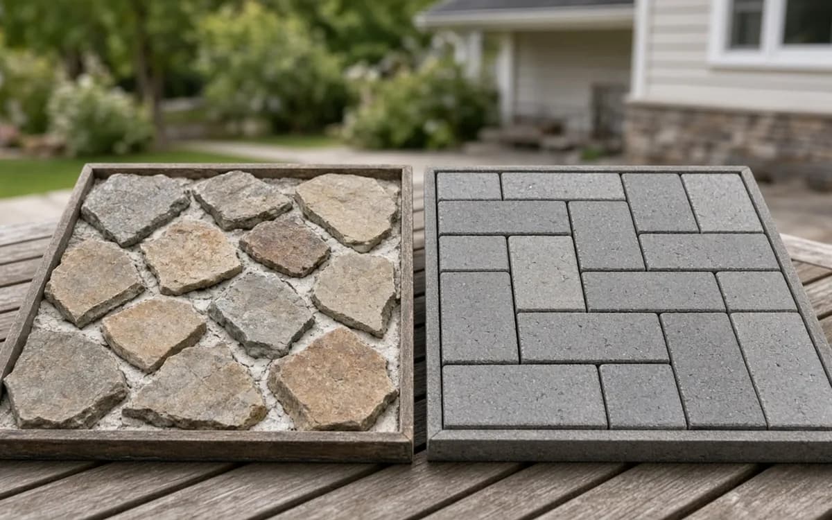 Two sample trays on a deck table, one of irregular natural flagstone and one of grey rectangular concrete pavers