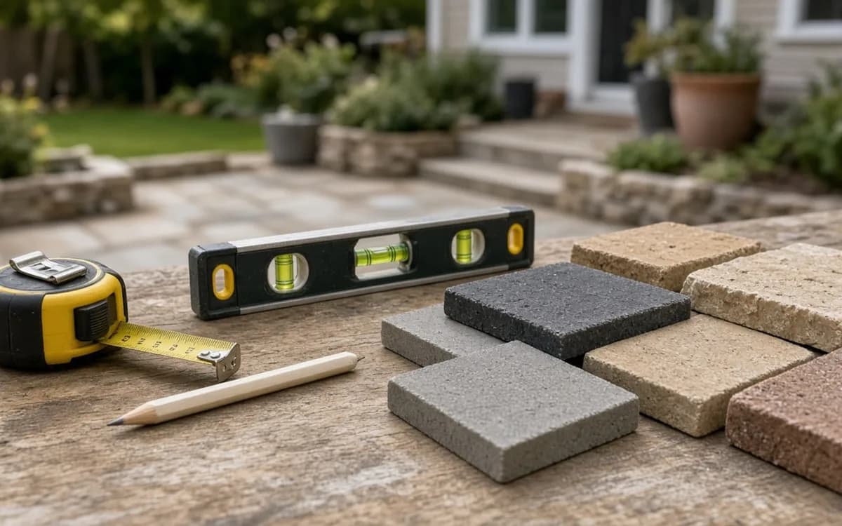 Tape measure, torpedo level and pencil on a workbench beside grey, black, tan and red paver samples