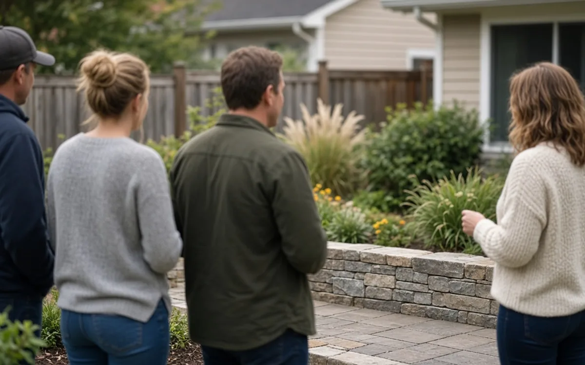 Four people seen from behind looking at a stone seat wall and paver patio edged with ornamental grasses