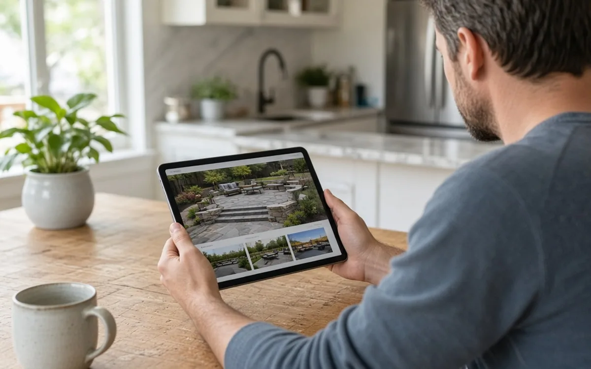 Man at a kitchen table scrolling through photos of multi-level paver patios on a tablet